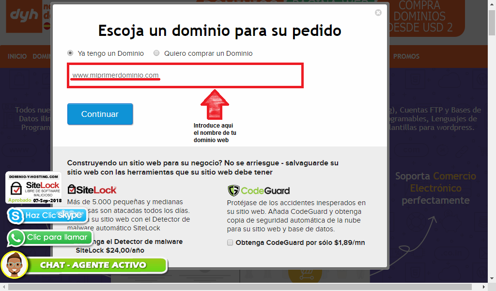 Introduce el nombre de tu dominio - Comprar hosting en Ecuador
