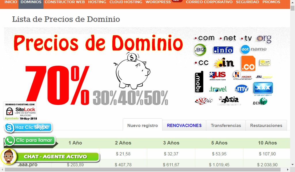 Pestaña de los precios de los dominios - Comprar dominio en Argentina