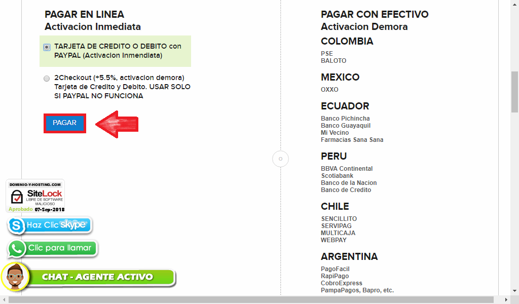 Elegir pagar con Paypal- Comprar hosting en Chile