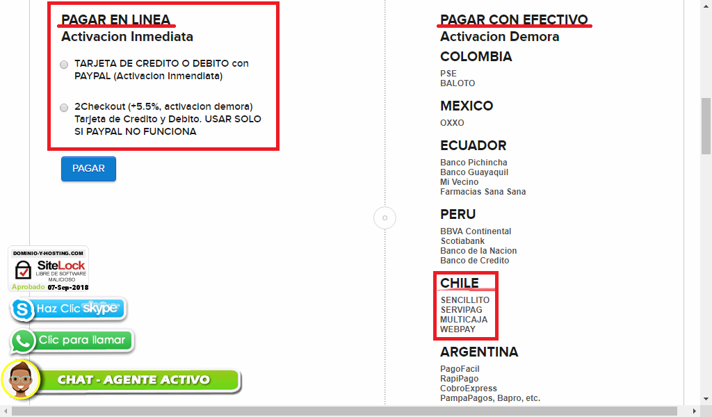 Pantalla de opciones de pago - Comprar hosting en Chile