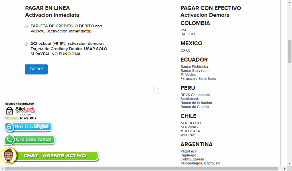 Pantalla de opciones de pago - Comprar hosting en Argentina