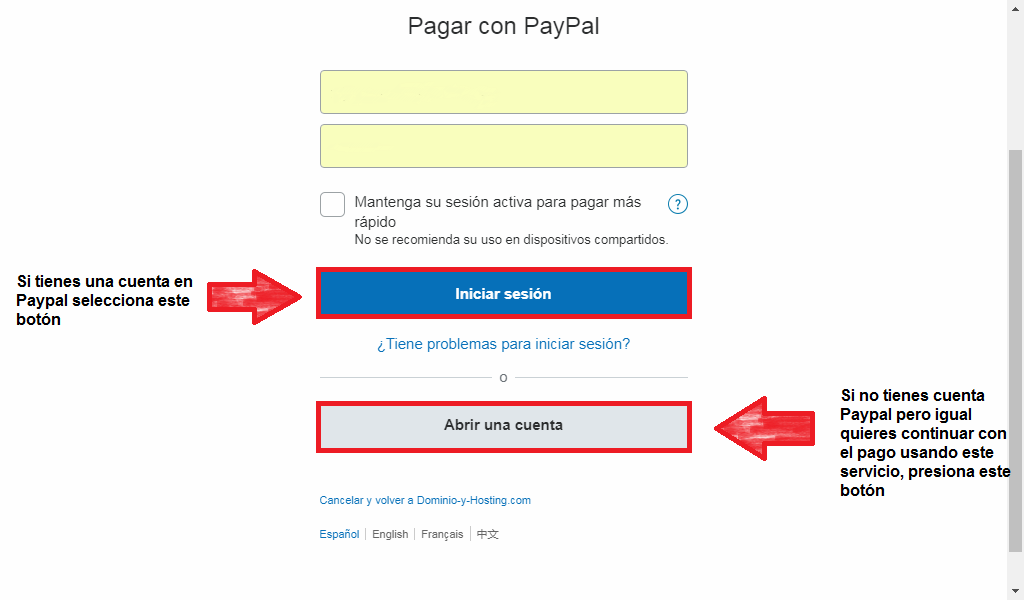 Pantalla de pagar con Paypal- Comprar hosting en Chile