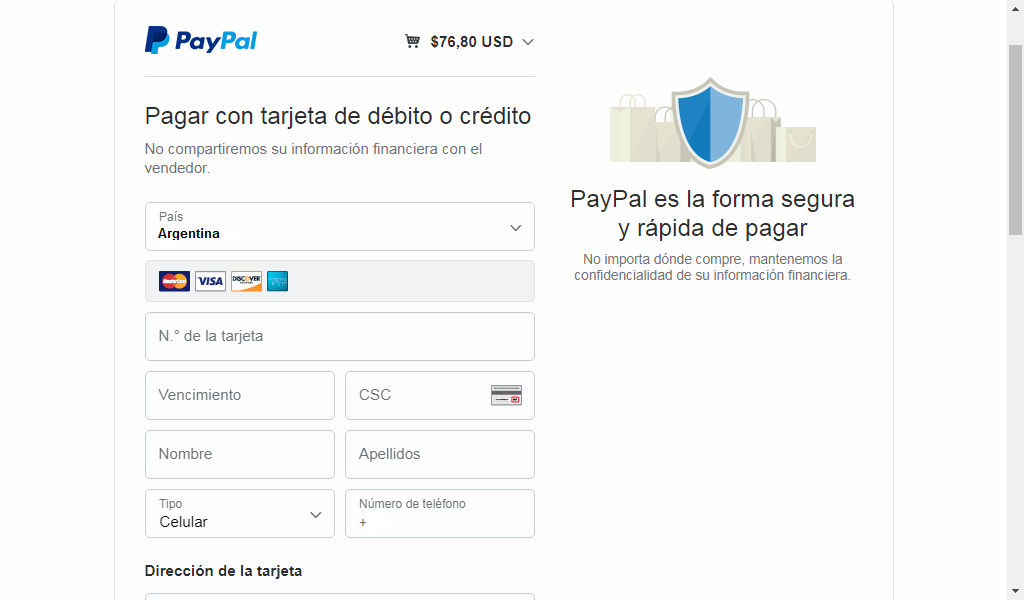 Primera parte relleno de datos del pago con Paypal- Comprar hosting en Argentina