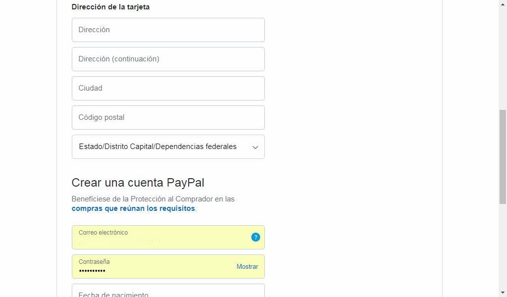 Relleno de datos del pago con Paypal- Comprar hosting en Chile